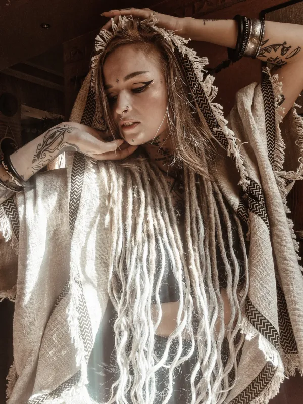 WIZARD Womens Hooded Kimono Vest Beige Tribal Ritual Ceremony Shamanic Gypsy Festival Magic Ritual Alchemy Primitive Rave Boho Earthy AJJAYA sold by Ajjaya