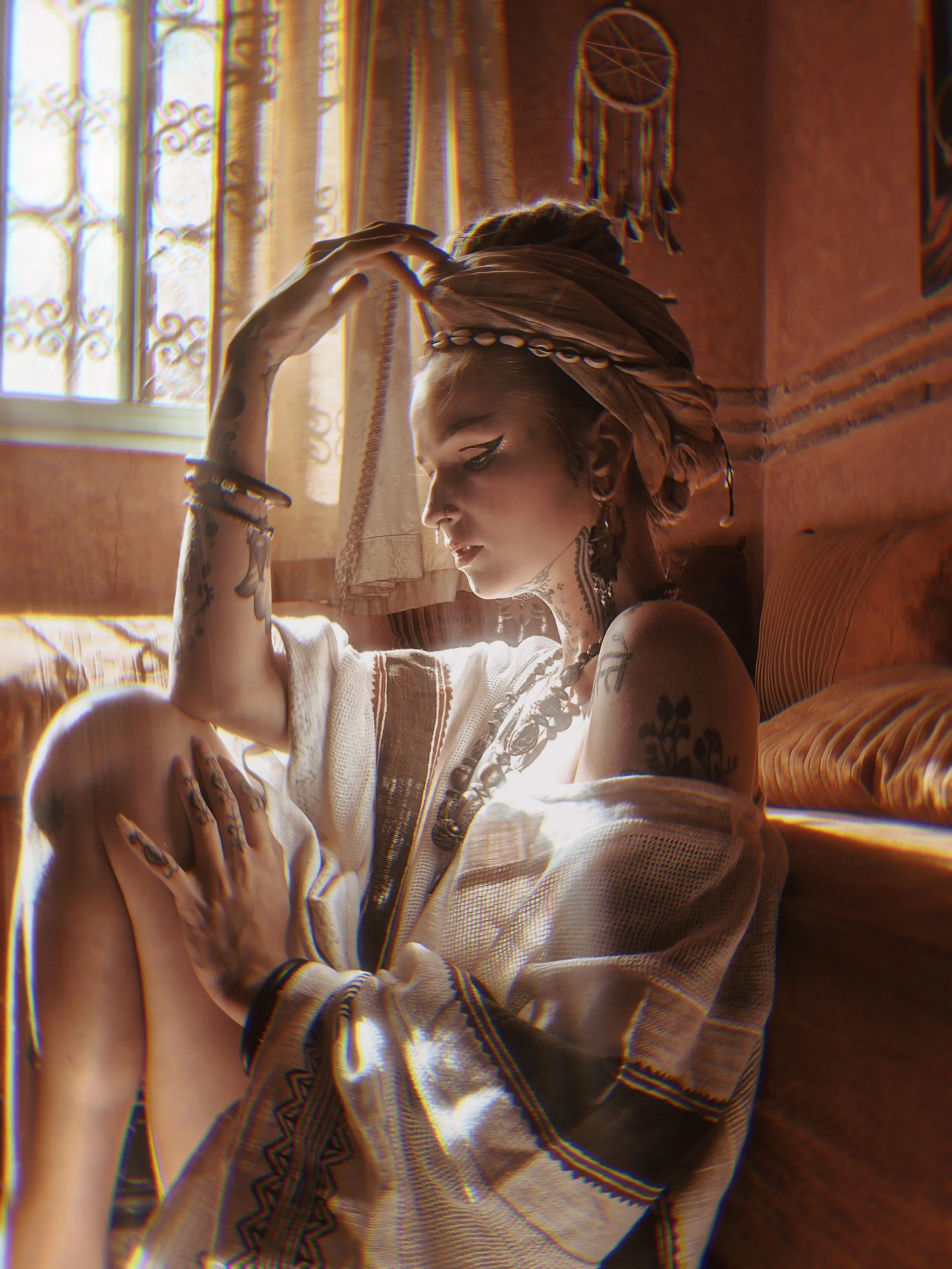 TAIKI Womens Cotton Top Kaftan Light Beige Cream Poncho Boho Block Printed Natural Dye Pattern Festival Bohemian Hippie Collarbone AJJAYA sold by Ajjaya product image thumbnail 4