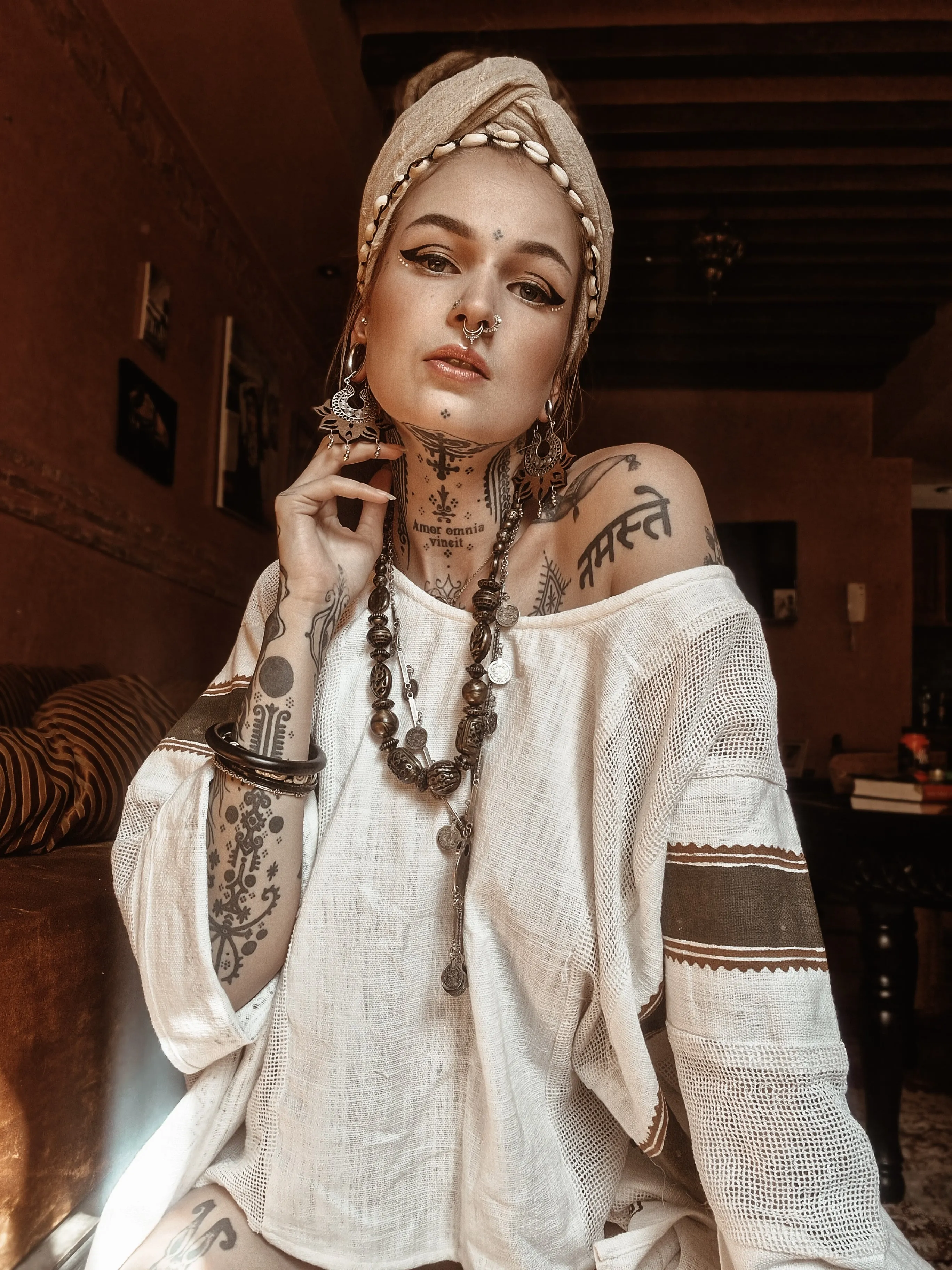 TAIKI Womens Cotton Top Kaftan Light Beige Cream Poncho Boho Block Printed Natural Dye Pattern Festival Bohemian Hippie Collarbone AJJAYA sold by Ajjaya product image thumbnail 3