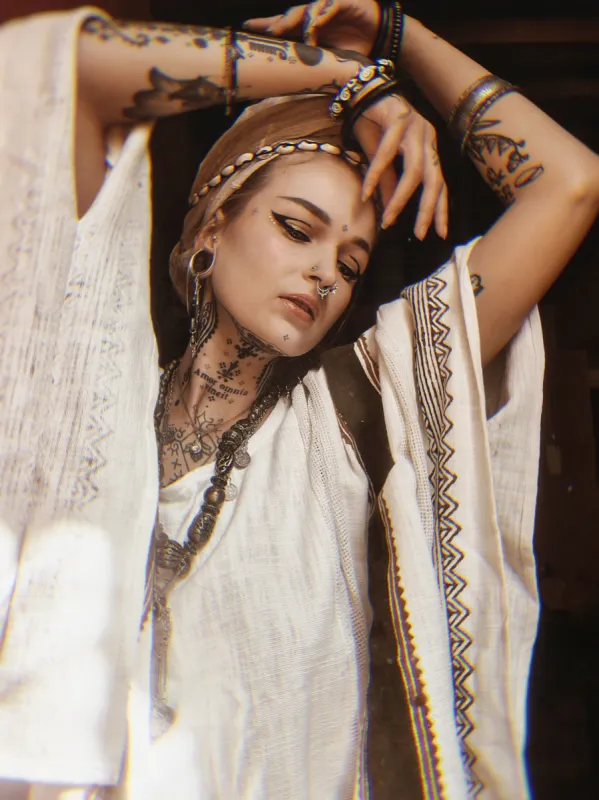 TAIKI Womens Cotton Top Kaftan Light Beige Cream Poncho Boho Block Printed Natural Dye Pattern Festival Bohemian Hippie Collarbone AJJAYA sold by Ajjaya