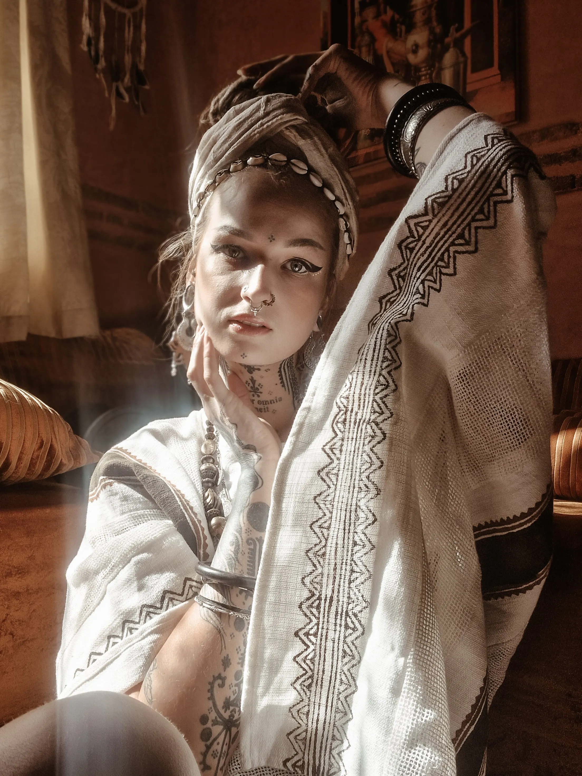 TAIKI Womens Cotton Top Kaftan Light Beige Cream Poncho Boho Block Printed Natural Dye Pattern Festival Bohemian Hippie Collarbone AJJAYA sold by Ajjaya product image thumbnail 5