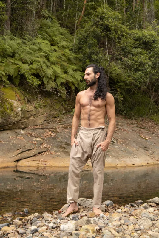 Mens Pants Cotton Drop Crotch Beige Harem Alibaba Yoga Comfortable Breathable One Size Loose Fit Festival Boho Hippie Natural Earthy AJJAYA sold by Ajjaya