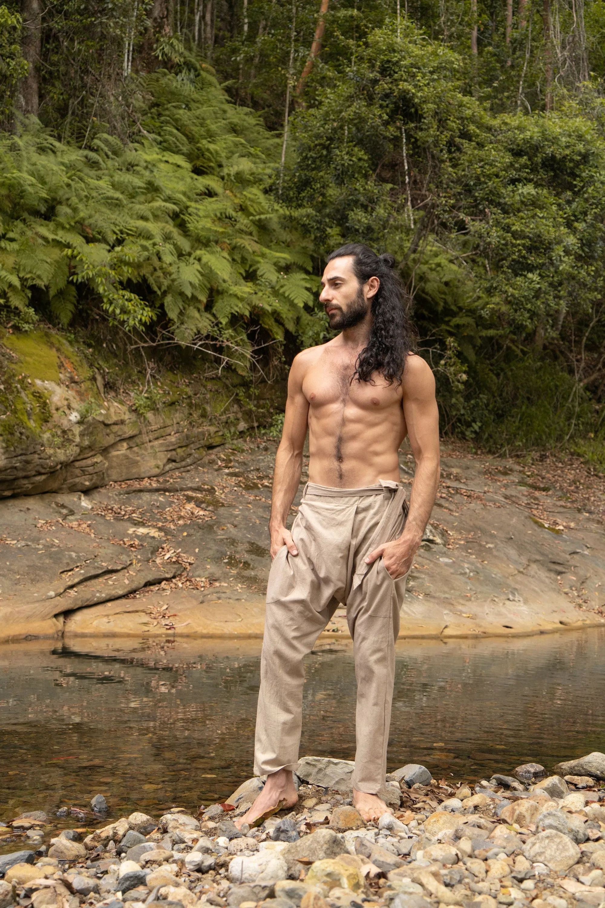 Mens Pants Cotton Drop Crotch Beige Harem Alibaba Yoga Comfortable Breathable One Size Loose Fit Festival Boho Hippie Natural Earthy AJJAYA sold by Ajjaya