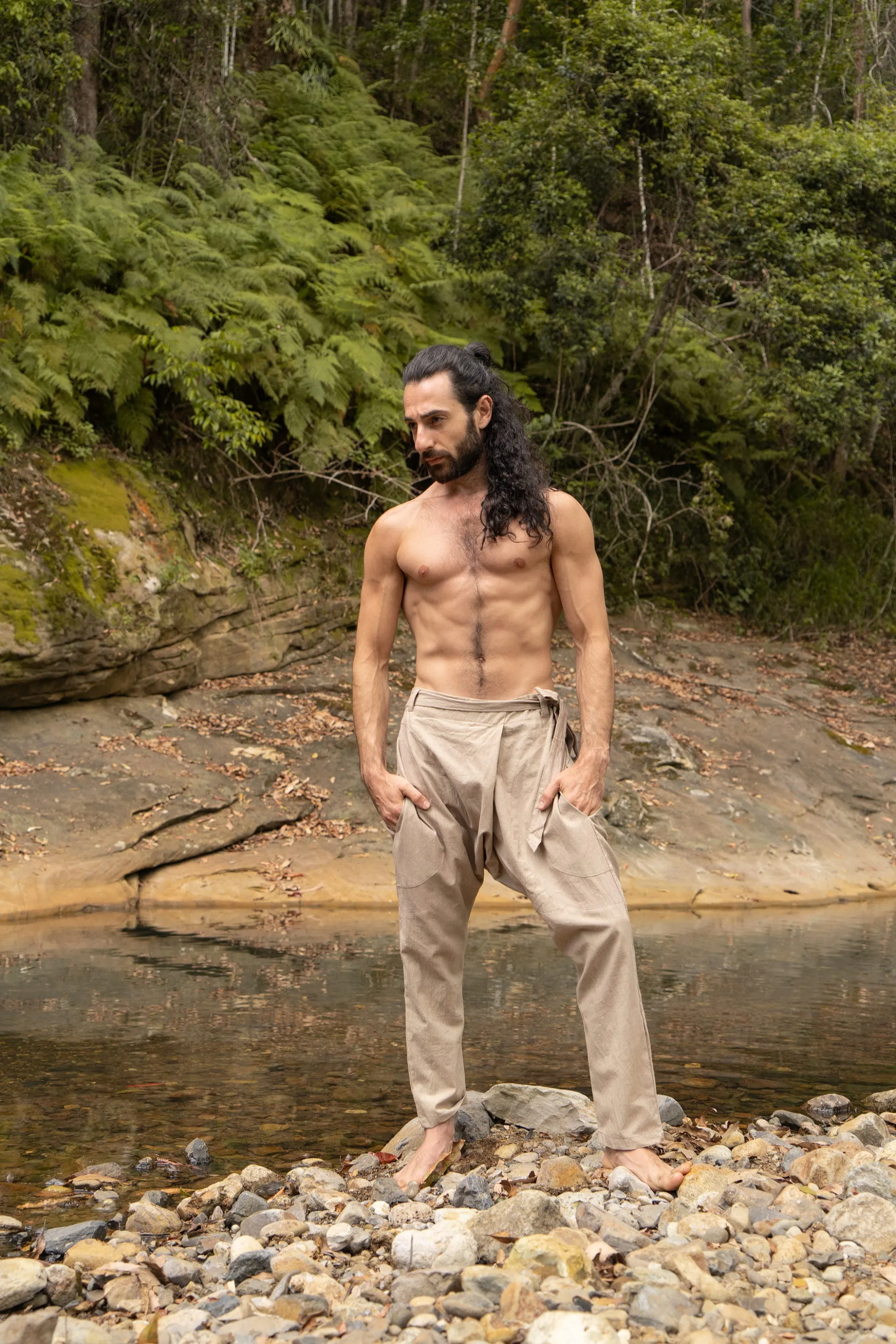 Mens Pants Cotton Drop Crotch Beige Harem Alibaba Yoga Comfortable Breathable One Size Loose Fit Festival Boho Hippie Natural Earthy AJJAYA sold by Ajjaya product image thumbnail 2