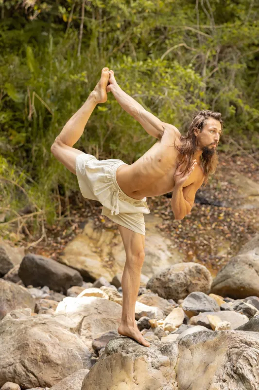 ASHTA Beige Mens Short Yoga Pants Organic Hemp and Cotton Comfortable Shorts Pockets Natural Workout Ninja Gypsy Festival Gym AJJAYA sold by Ajjaya