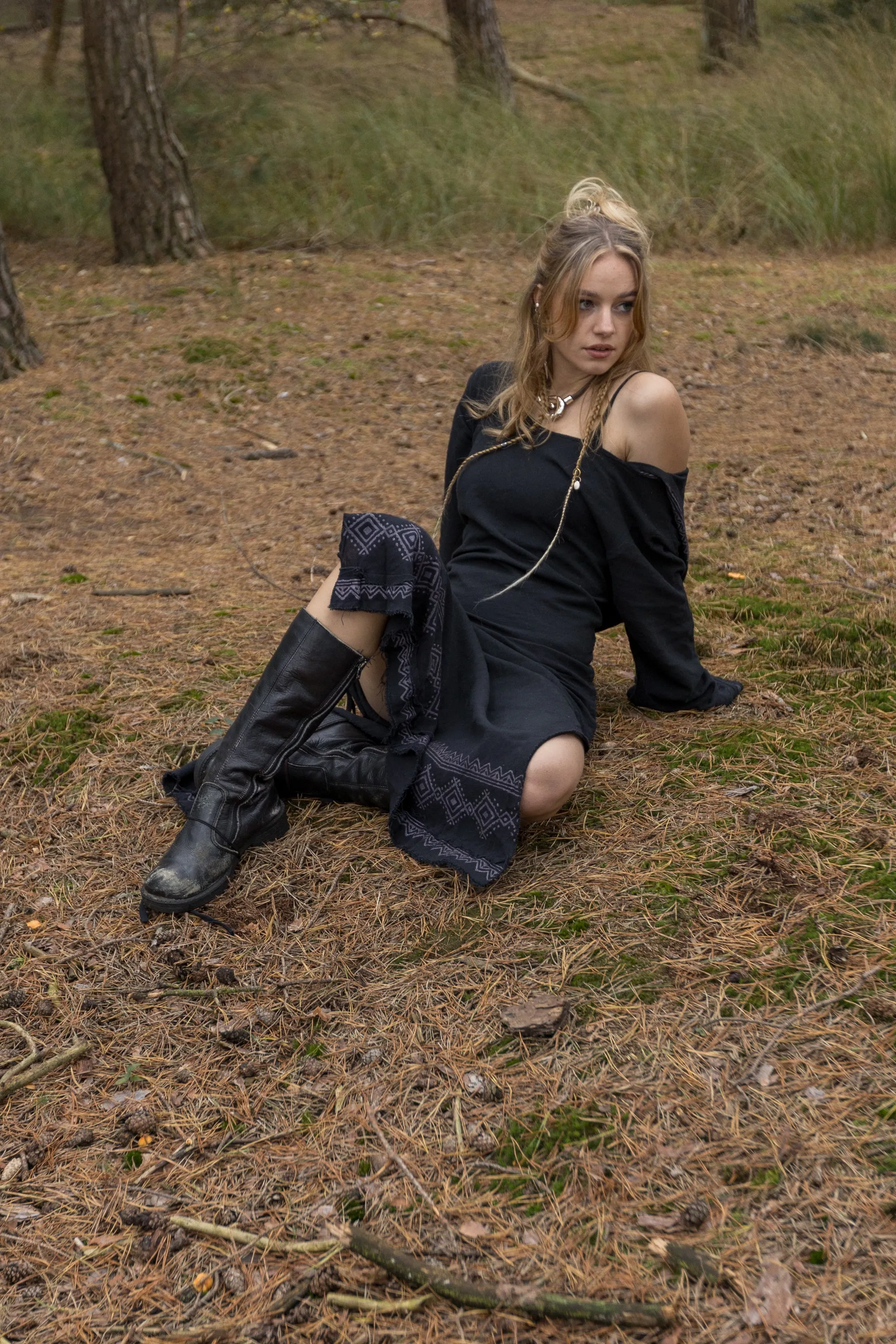 MISTIK Maxi Dress Night Black Long Sleeve Hooded Ankle Length Natural Dyed Cotton Block Printed Pattern Fairy Gypsy Boho Festival AJJAYA sold by Ajjaya product image thumbnail 4