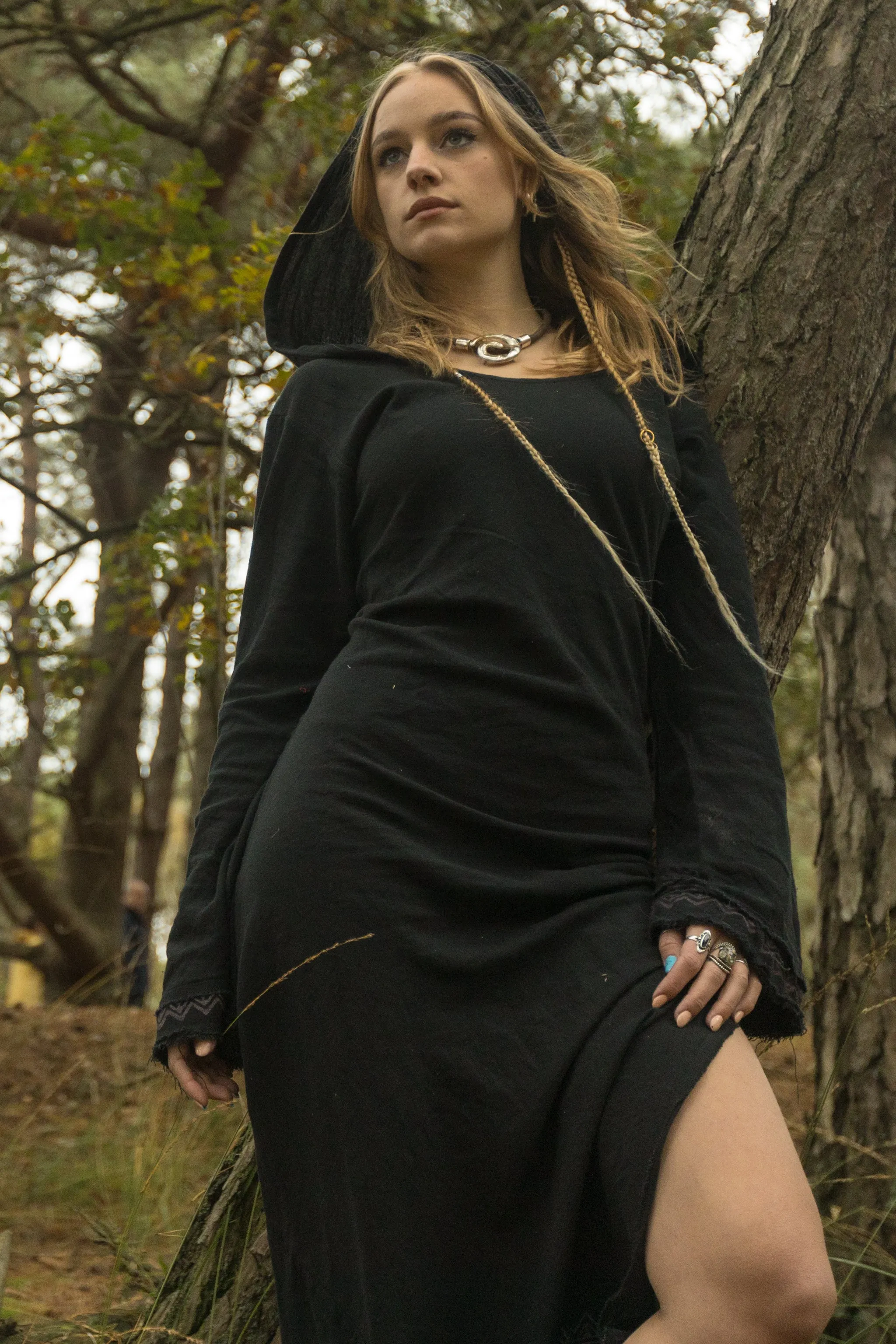 MISTIK Maxi Dress Night Black Long Sleeve Hooded Ankle Length Natural Dyed Cotton Block Printed Pattern Fairy Gypsy Boho Festival AJJAYA sold by Ajjaya product image thumbnail 3