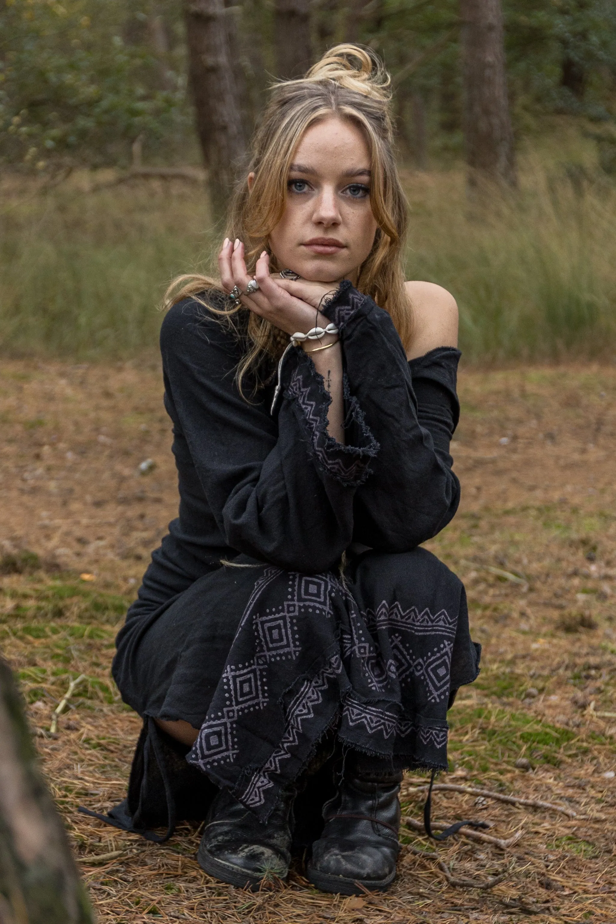 MISTIK Maxi Dress Night Black Long Sleeve Hooded Ankle Length Natural Dyed Cotton Block Printed Pattern Fairy Gypsy Boho Festival AJJAYA sold by Ajjaya product image thumbnail 5