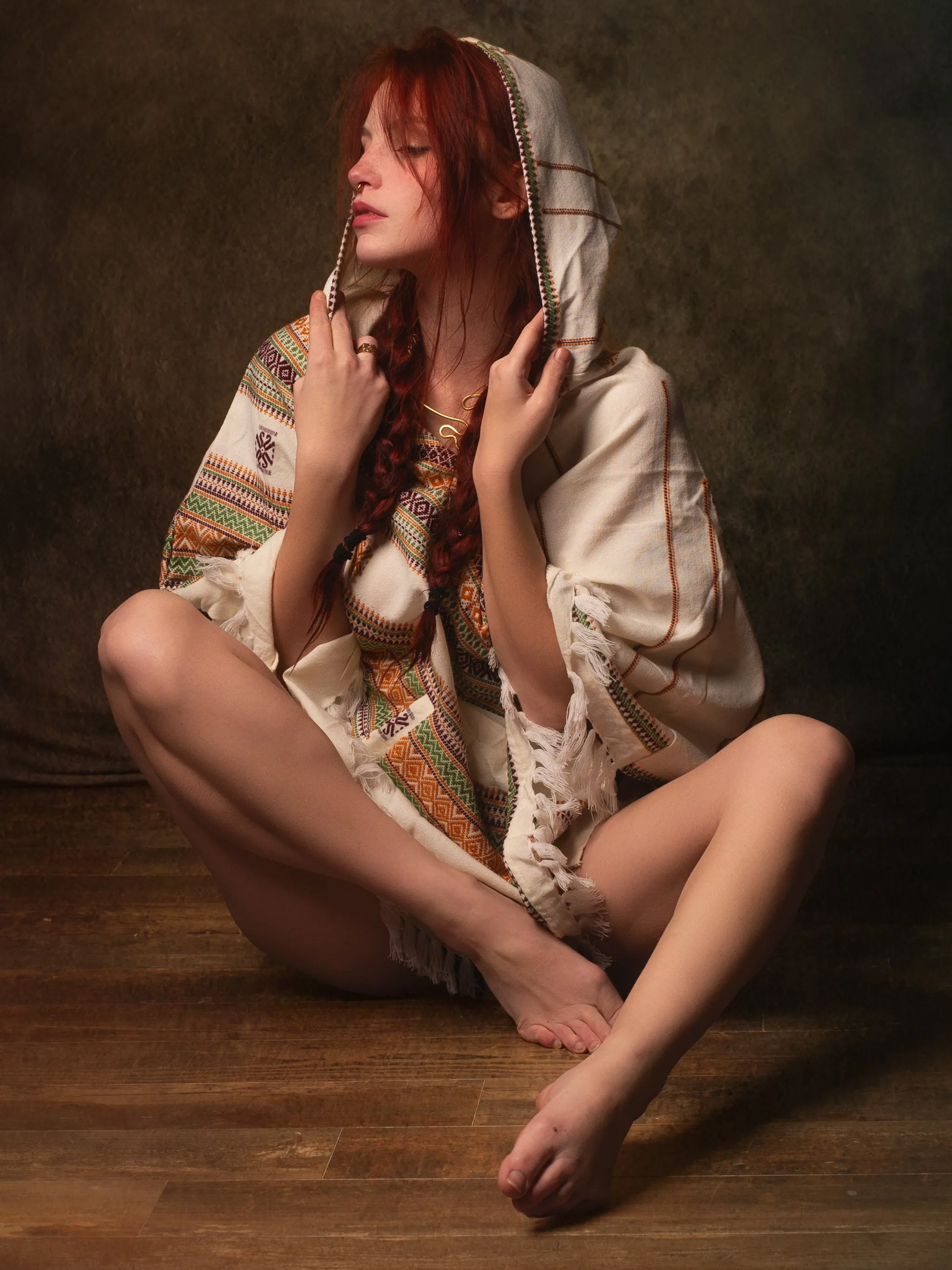 HODDI Beige Handmade Womens Poncho with Hood and Pockets, Earthy Tribal Pattern Festival Gypsy AJJAYA Boho Primitive Mexican sold by Ajjaya product image thumbnail 5