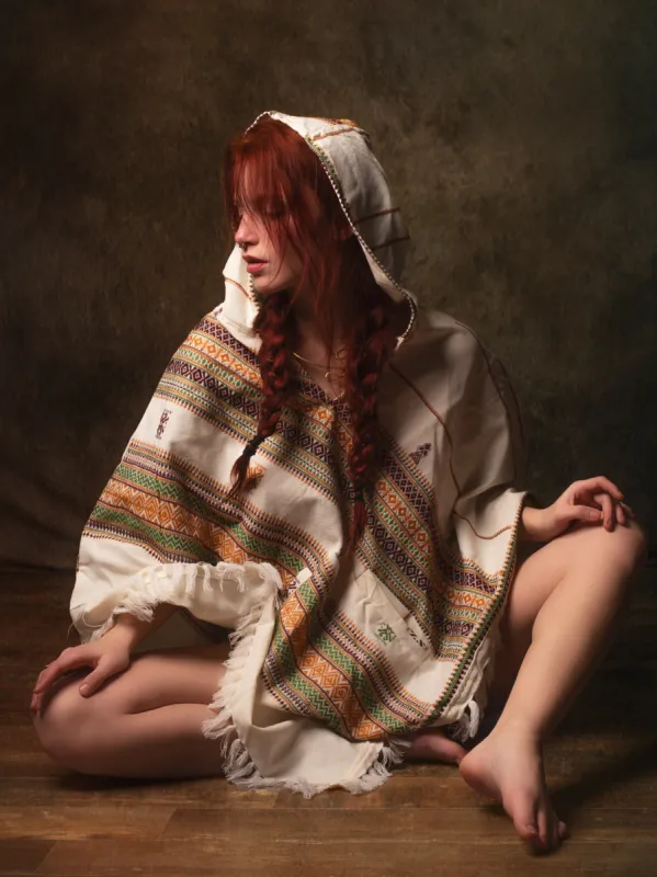 HODDI Beige Handmade Womens  Poncho with Hood and Pockets, Earthy Tribal Pattern Festival Gypsy AJJAYA Boho Primitive Mexican sold by Ajjaya