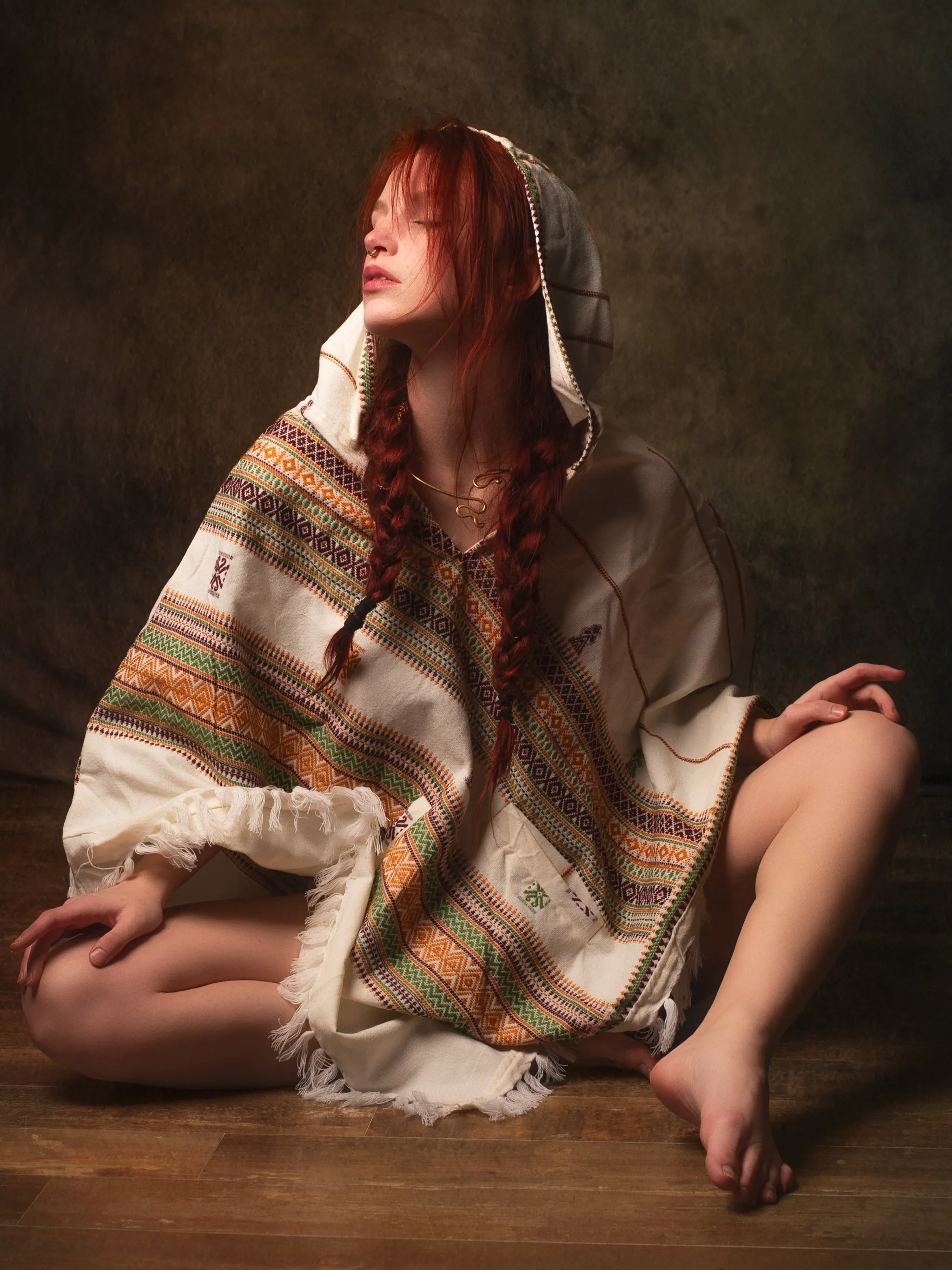 HODDI Beige Handmade Womens Poncho with Hood and Pockets, Earthy Tribal Pattern Festival Gypsy AJJAYA Boho Primitive Mexican sold by Ajjaya product image thumbnail 4