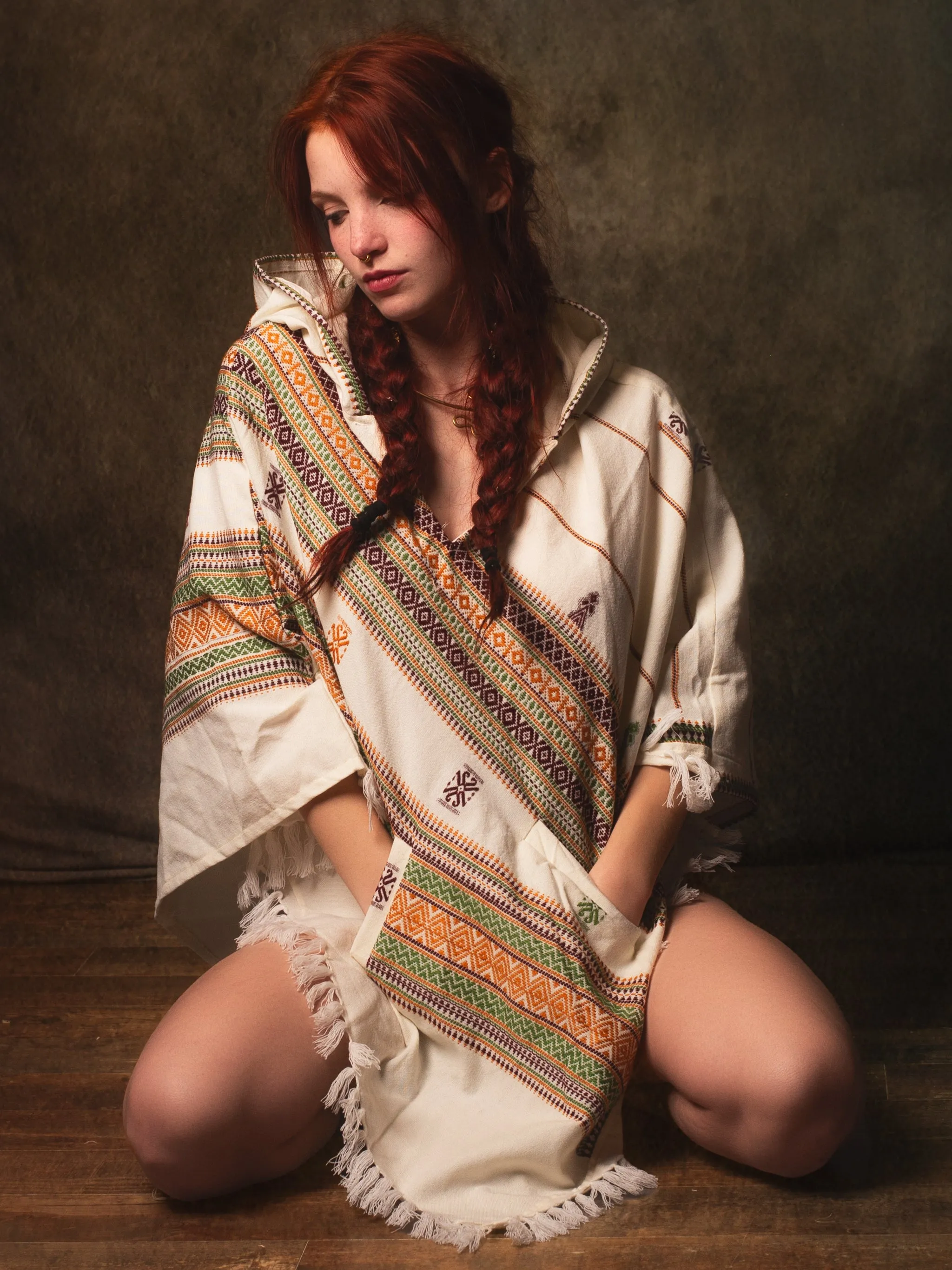 HODDI Beige Handmade Womens Poncho with Hood and Pockets, Earthy Tribal Pattern Festival Gypsy AJJAYA Boho Primitive Mexican sold by Ajjaya product image thumbnail 3