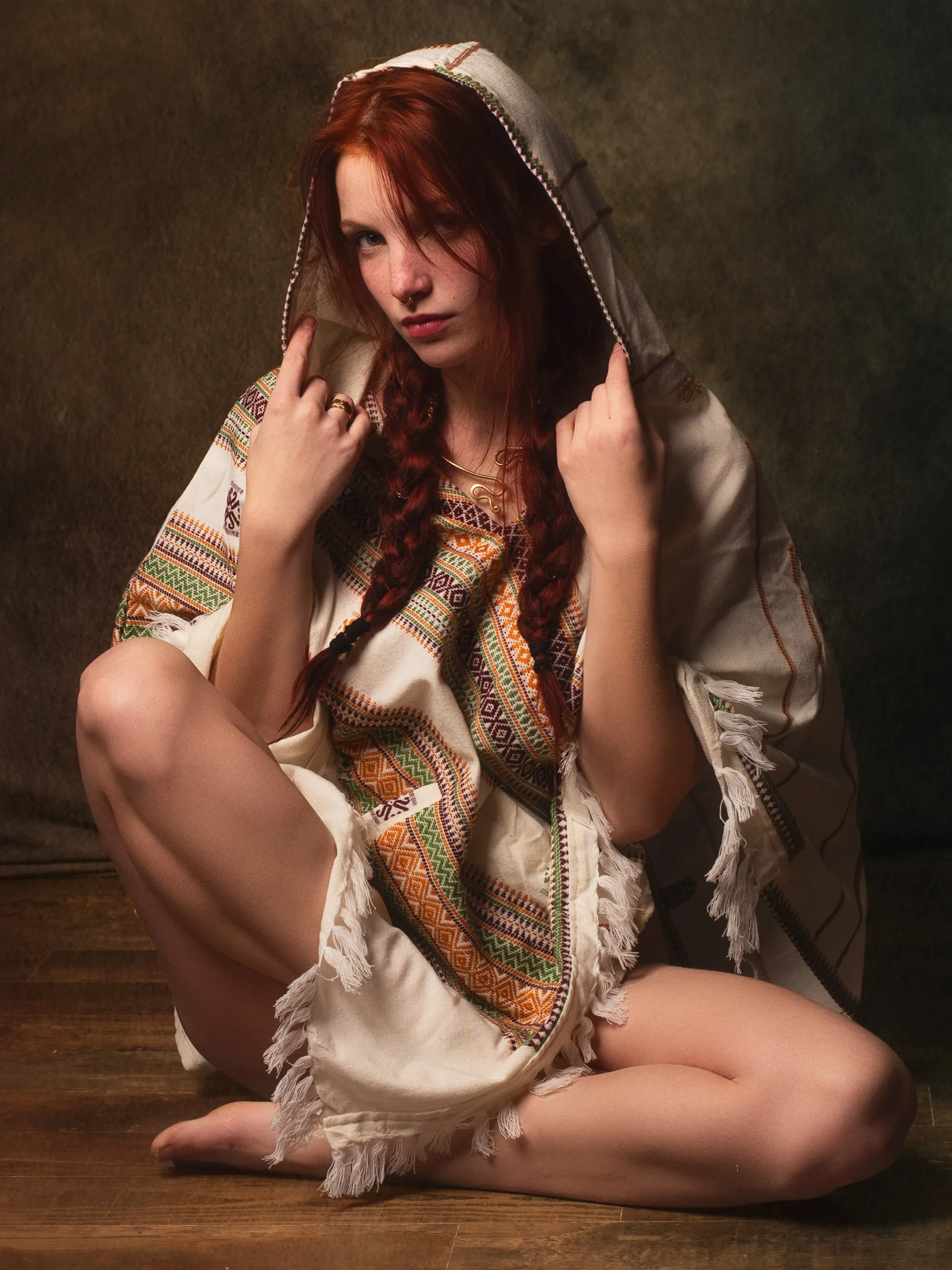 HODDI Beige Handmade Womens Poncho with Hood and Pockets, Earthy Tribal Pattern Festival Gypsy AJJAYA Boho Primitive Mexican sold by Ajjaya product image thumbnail 2