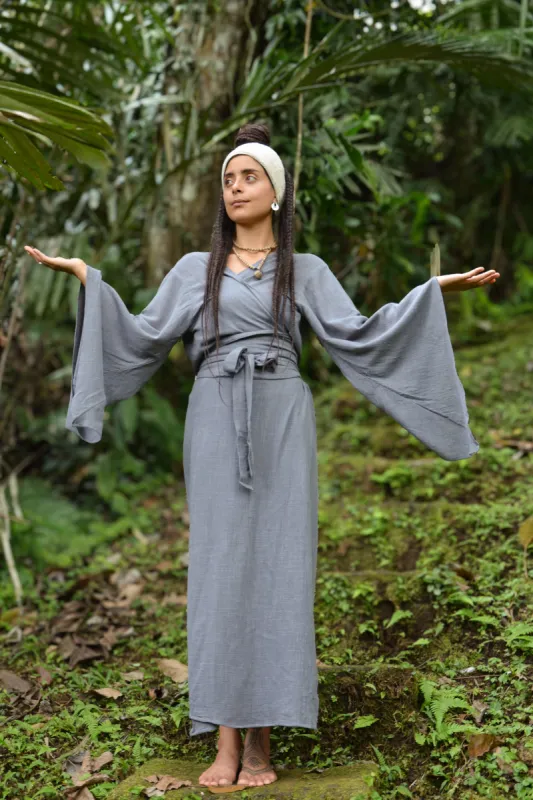 MIRA Grey Womens Kimono Dress Japanese Robe Arm Flairs Soft Breathable Cotton Festival Ritual Resort Wear AJJAYA sold by Ajjaya