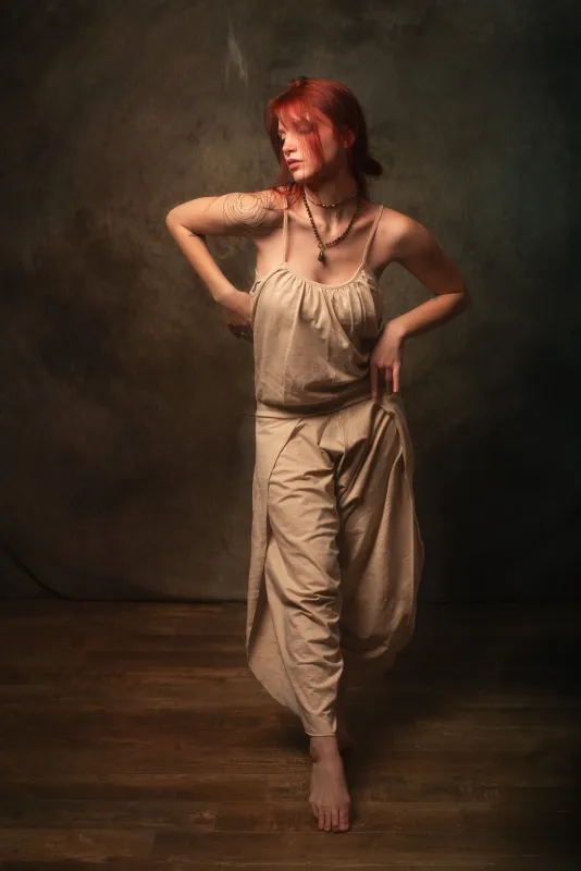 KAYANA Jumpsuit One-Piece Romper Overall Beige Handmade Natural Cotton Yoga Cut Open Legs Loose Flexible Breathable Boho Festival Gypsy AJJAYA sold by Ajjaya