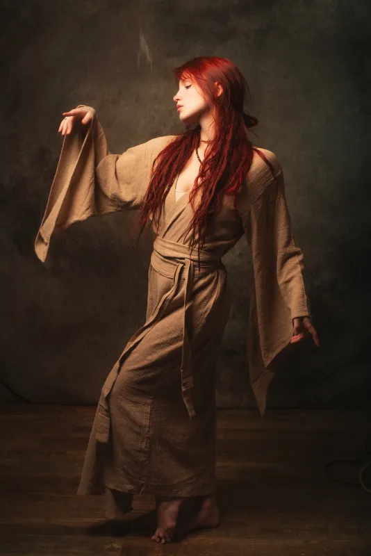 MIRA Womens Kimono Dress Sandalwood Brown Japanese Robe Arm Flairs Soft Breathable Cotton Festival Ritual Resort Wear AJJAYA sold by Ajjaya