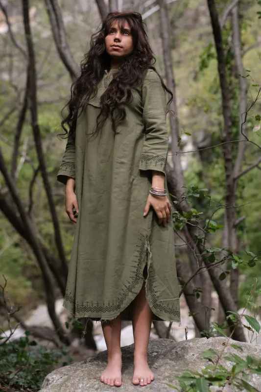 YOSEPH Green Aramaic Gown Womens Kurta Long Top Dress Shirt Natural Cotton Handwoven Block Natural Plant Dye Ceremony AJJAYA sold by Ajjaya