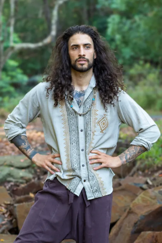 PABLO Mens Loose Button Down Collar Shirt Cotton Long Sleeve Top Naturally Dyed Block Printed Pattern Front Pocket Handmade made by Ajjaya