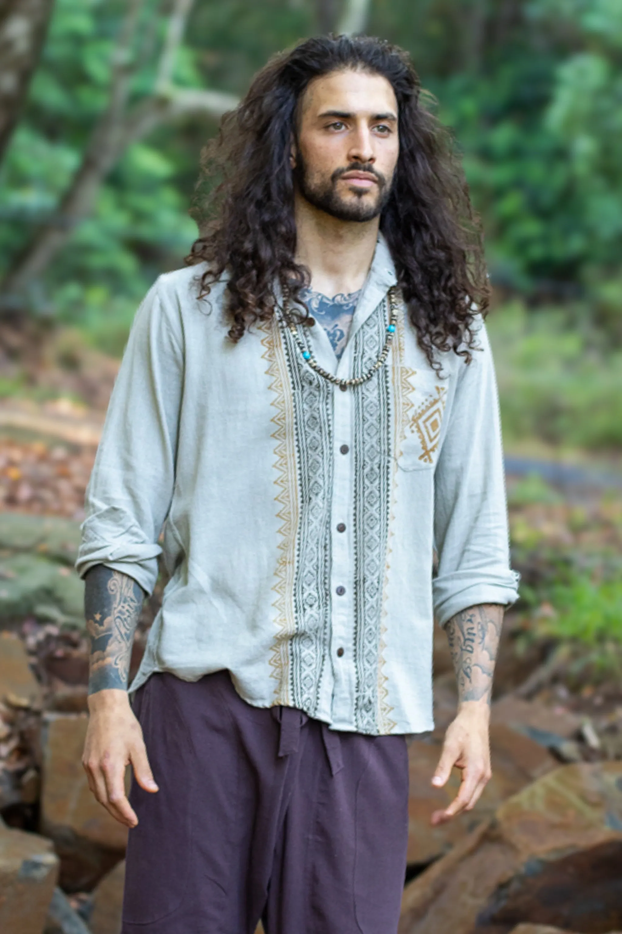PABLO Mens Loose Button Down Collar Shirt Cotton Long Sleeve Top Naturally Dyed Block Printed Pattern Front Pocket Handmade sold by Ajjaya product image thumbnail 2