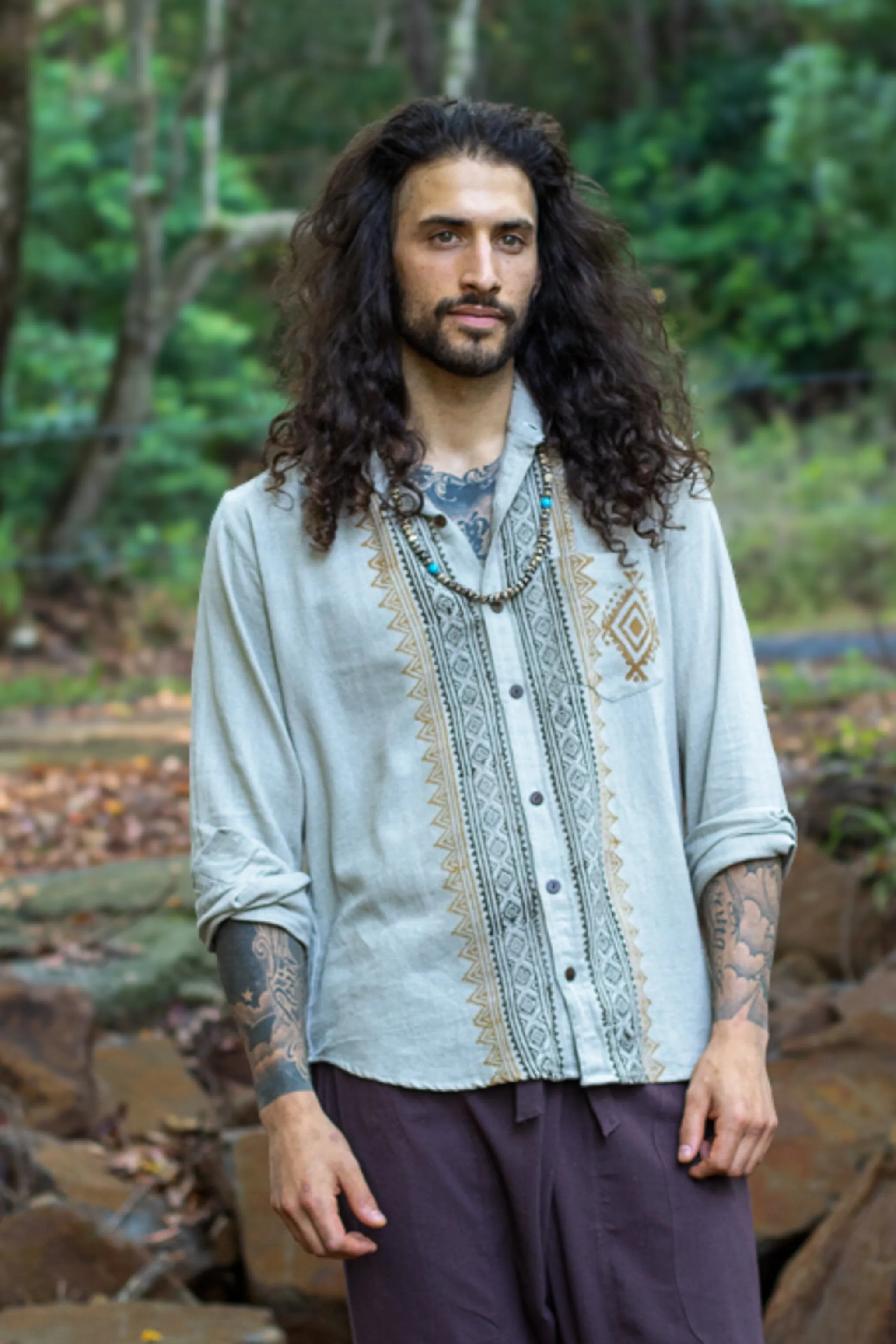 PABLO Mens Loose Button Down Collar Shirt Cotton Long Sleeve Top Naturally Dyed Block Printed Pattern Front Pocket Handmade sold by Ajjaya product image thumbnail 3
