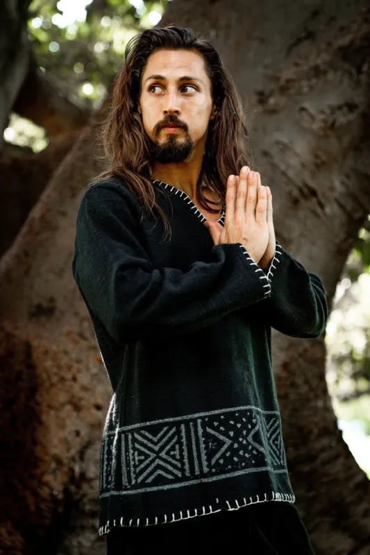 KAURI LONG Sleeve Black Mens Top Handmade Muscle Gypsy Earthy Shirt, Tribal Jungle Natural Savage Festival Rave AJJAYA Nomadic Primitive sold by Ajjaya