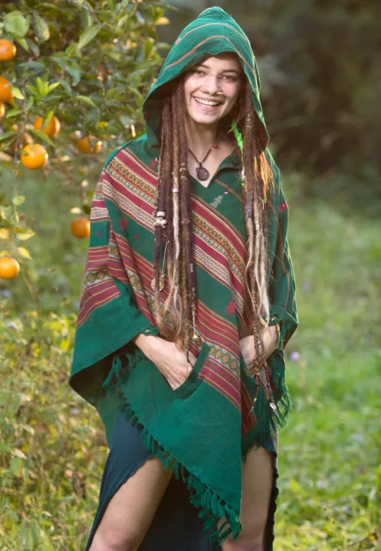 Handmade Poncho with Hood Kashmiri Earthy, Tribal Pattern Festival Gypsy AJJAYA Winter Warm Nomadic Mexican with pockets made by Ajjaya