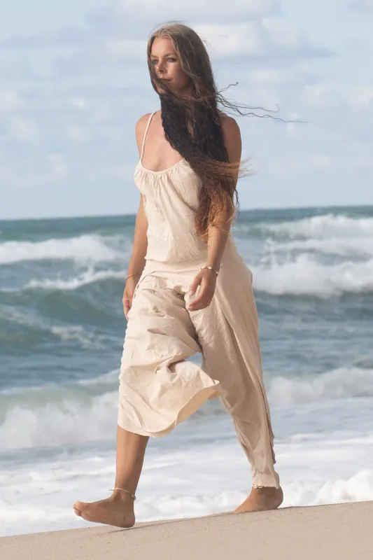 KAYANA Onezie Jumpsuit One-Piece Romper Overall Beige Handmade Natural Cotton Yoga Cut Open Legs Loose Flexible Breathable Boho Festival Gypsy AJJAYA sold by Ajjaya