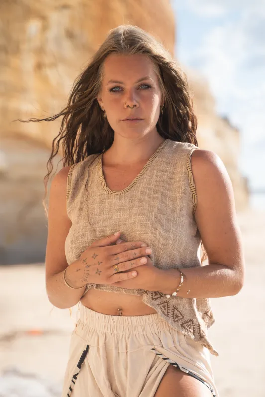 ELLA Crop Top Asymmetric Yoga Sleeveless Natural Cotton Block Printed Tribal Patterns V Neck Tank Shirt Festival Ceremony Pixie Boho AJJAYA sold by Ajjaya