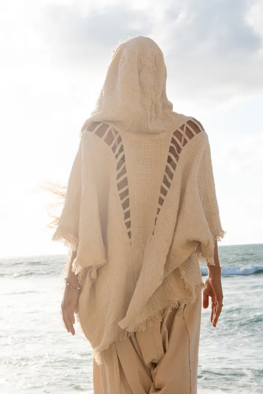 WIZARD Ceremony Womens Hooded Kimono Vest Ivory Beige Tribal Ritual Gypsy Festival Magic Ritual Alchemy Primitive Rave Boho Earthy AJJAYA sold by Ajjaya