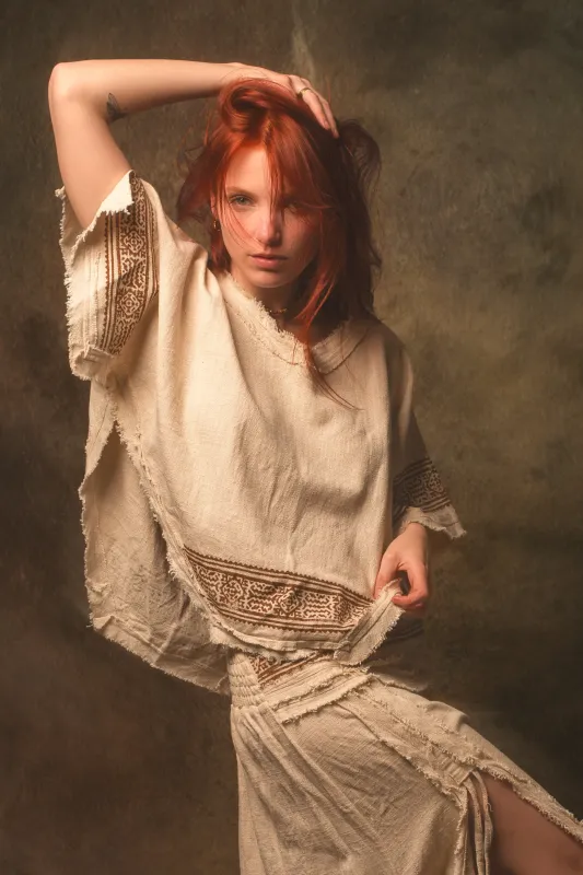 KURA Mini Poncho Top Beige Natural Cotton Block Printed Tribal Patterns Shirt Festival Ceremony Fairy Boho AJJAYA sold by Ajjaya