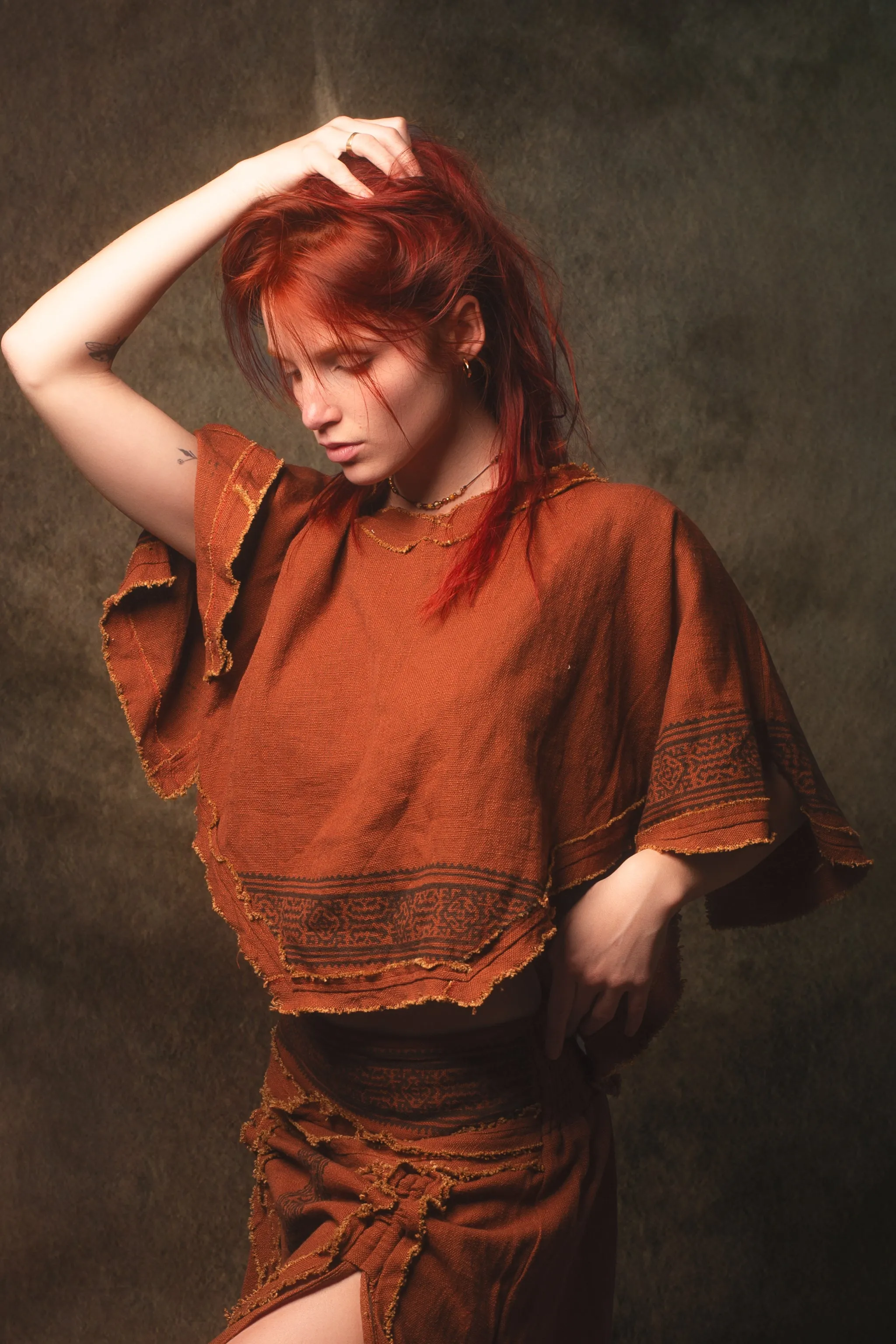 KURA Mini Poncho Top Rustic Orange Natural Cotton Block Printed Tribal Patterns Shirt Festival Ceremony Fairy Boho AJJAYA sold by Ajjaya