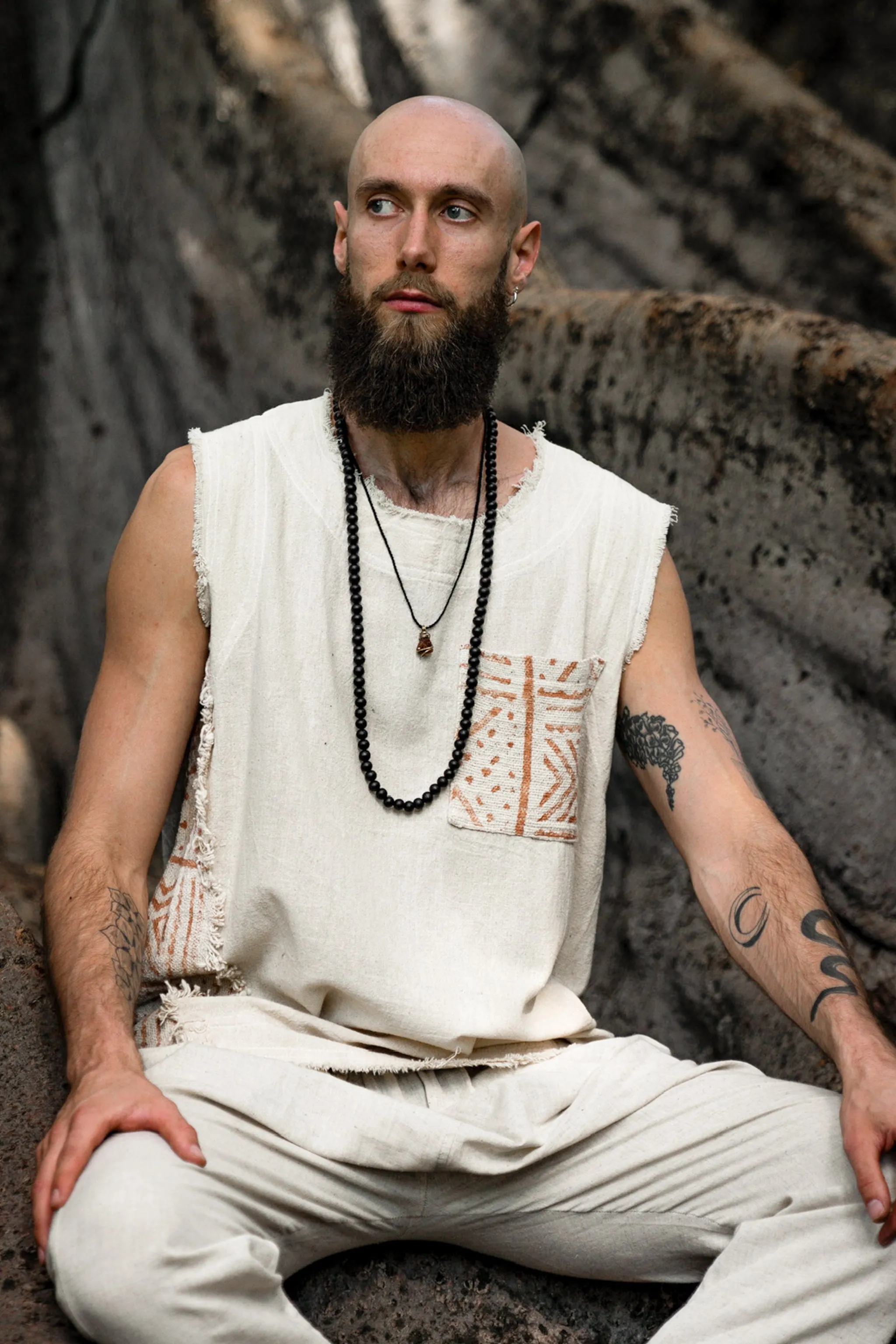 AGUN Mens Tank Top Handmade Beige Sleeveless Earthy Top Shirt, Tribal Jungle Natural Savage Neck Festival Rave AJJAYA Nomadic Primitive sold by Ajjaya product image thumbnail 4