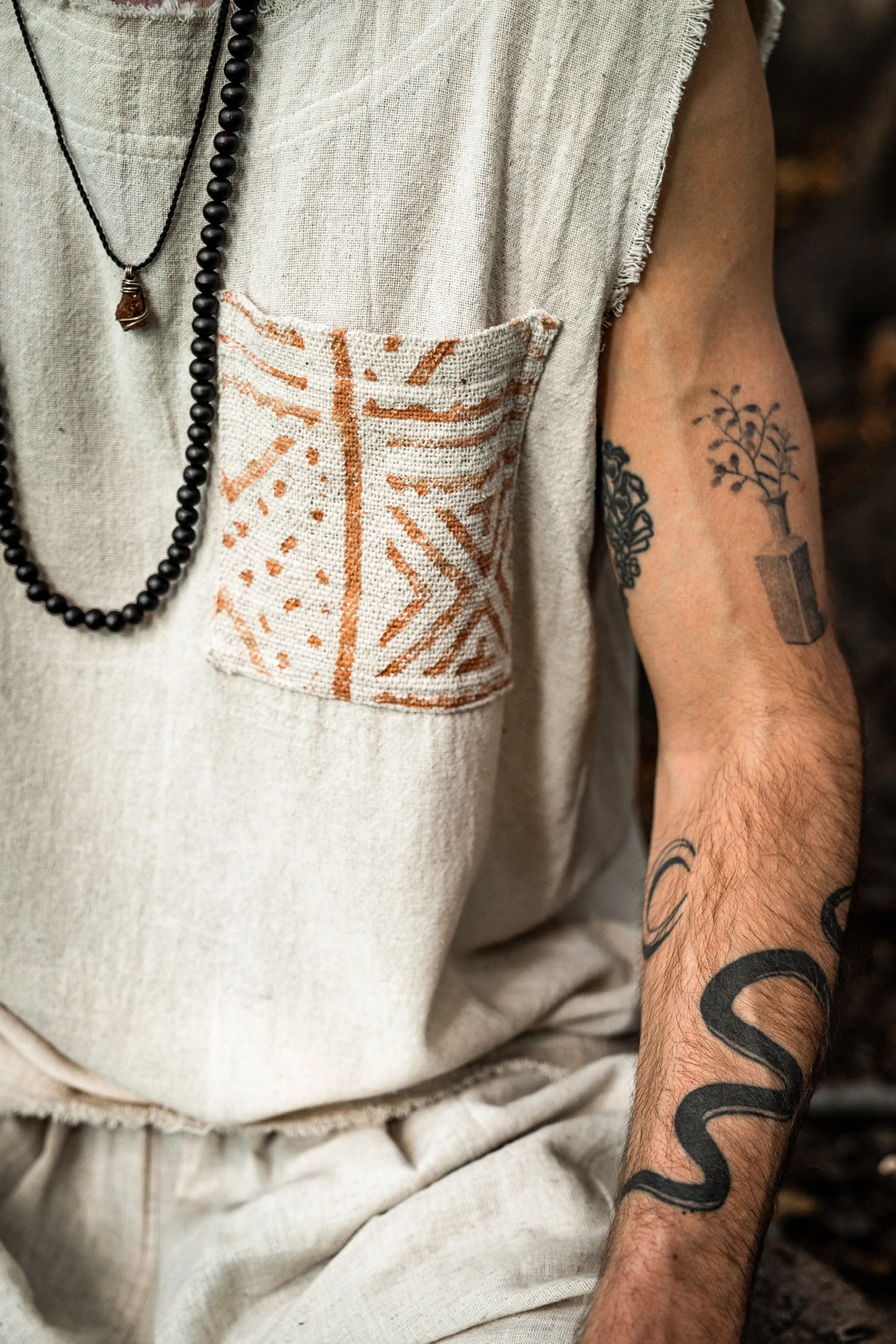 AGUN Mens Tank Top Handmade Beige Sleeveless Earthy Top Shirt, Tribal Jungle Natural Savage Neck Festival Rave AJJAYA Nomadic Primitive sold by Ajjaya product image thumbnail 3