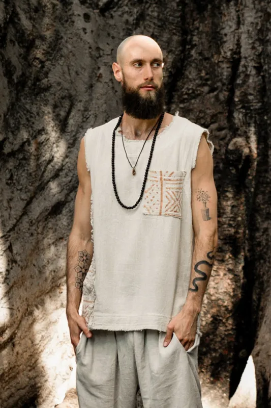 AGUN Mens Tank Top Handmade Beige Sleeveless Earthy Top Shirt, Tribal Jungle Natural Savage Neck Festival Rave AJJAYA Nomadic Primitive made by Ajjaya