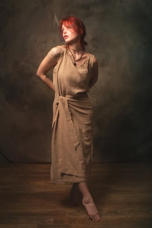 SOFI Wrap Dress Sandalwood Brown Soft Breathable Natural Cotton Festival Ritual Resort Womens Boho Wear AJJAYA sold by Ajjaya