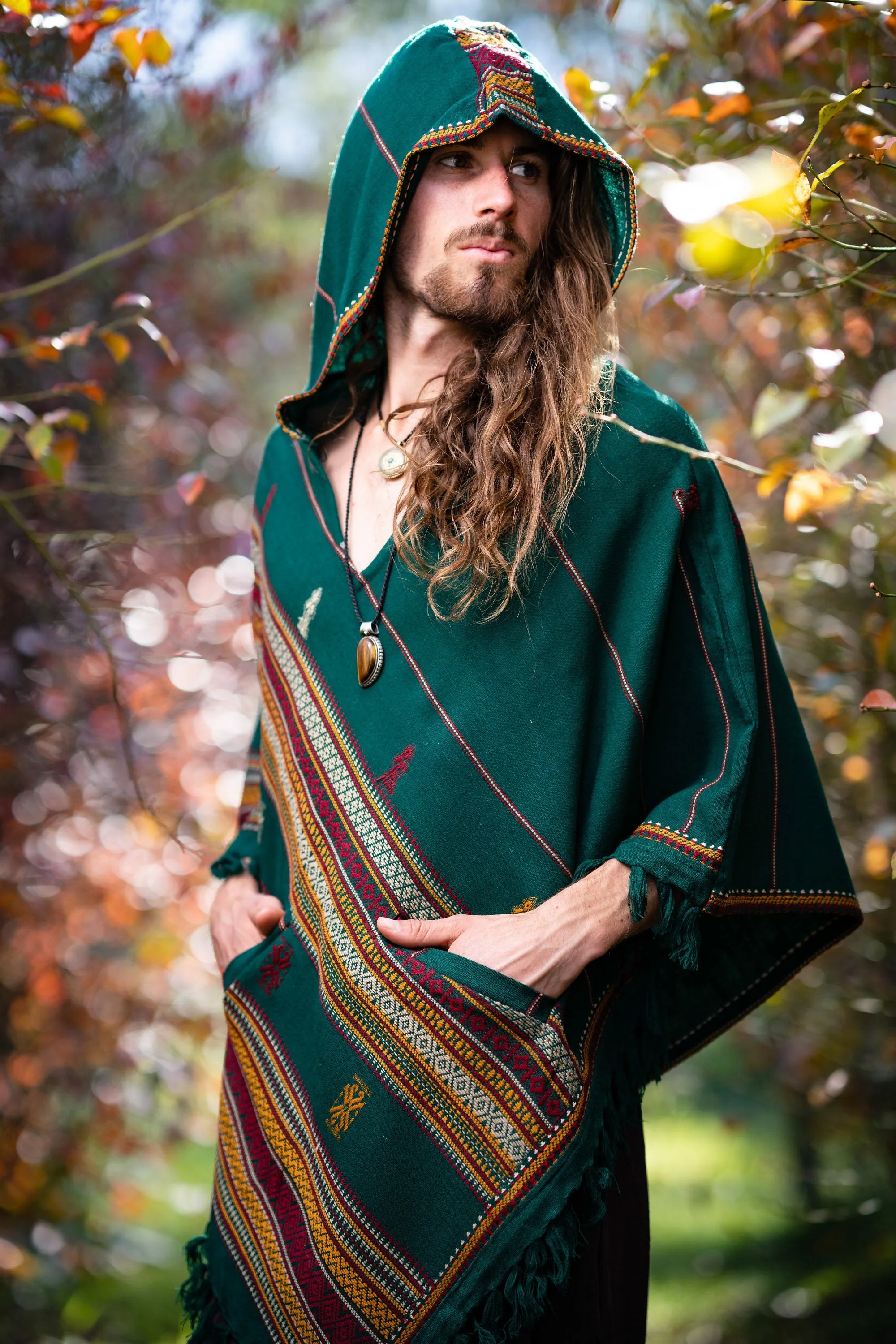 HODDI Mens Hooded Poncho Pockets Tribal Embroidery Celtic Festival Rave Mexican Primitive Large Hood AJJAYA sold by Ajjaya product image thumbnail 2