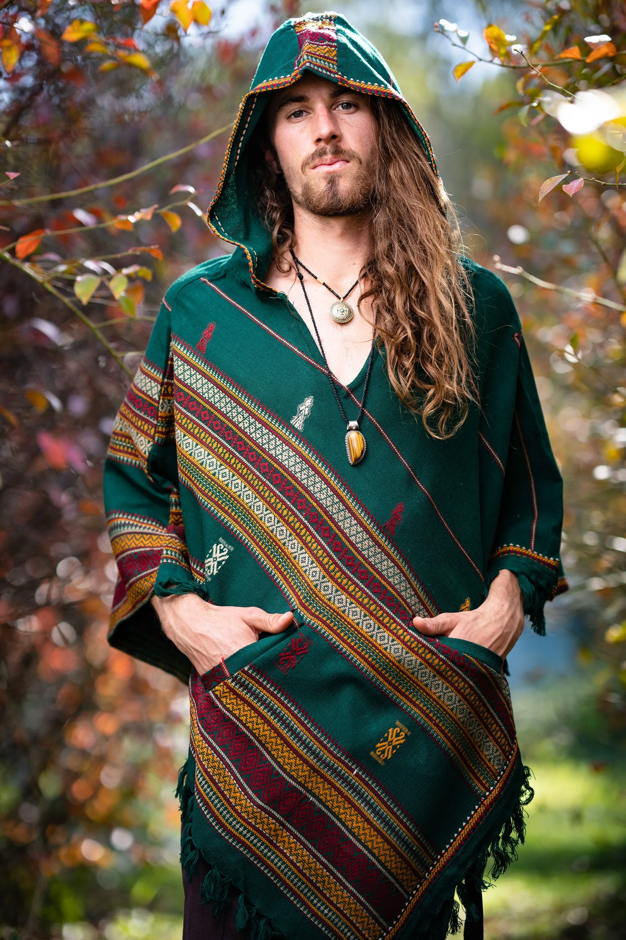 HODDI Mens Hooded Poncho Pockets Tribal Embroidery Celtic Festival Rave Mexican Primitive Large Hood AJJAYA sold by Ajjaya product image thumbnail 3