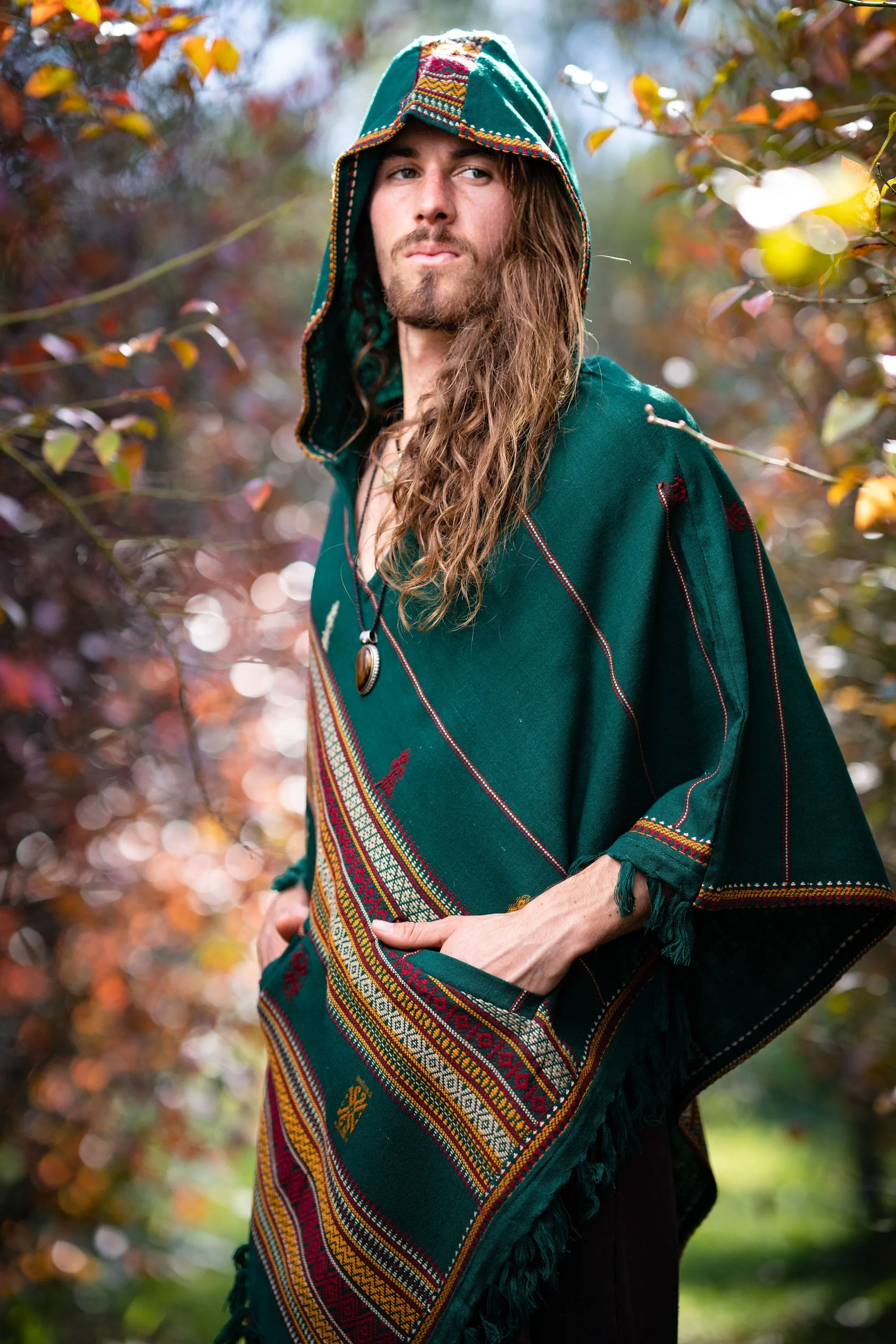 HODDI Mens Hooded Poncho Pockets Tribal Embroidery Celtic Festival Rave Mexican Primitive Large Hood AJJAYA sold by Ajjaya product image thumbnail 4