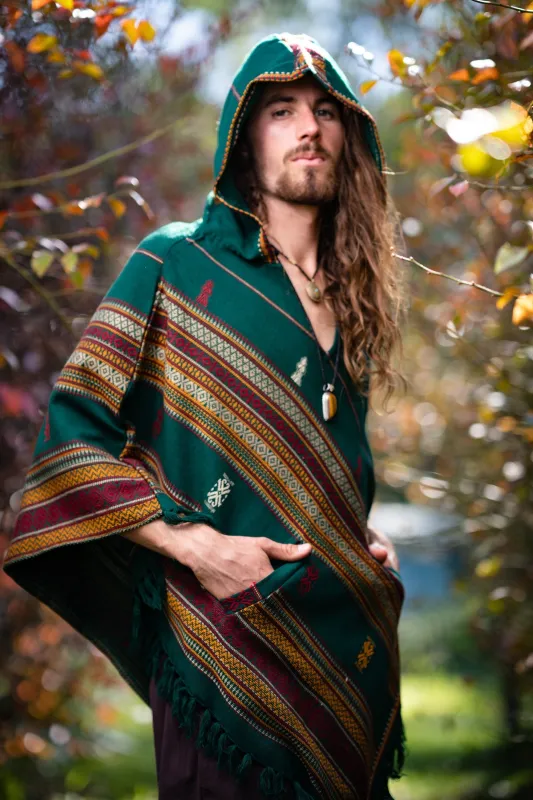 HODDI Mens Hooded Poncho Pockets Tribal Embroidery Celtic Festival Rave Mexican Primitive Large Hood AJJAYA sold by Ajjaya
