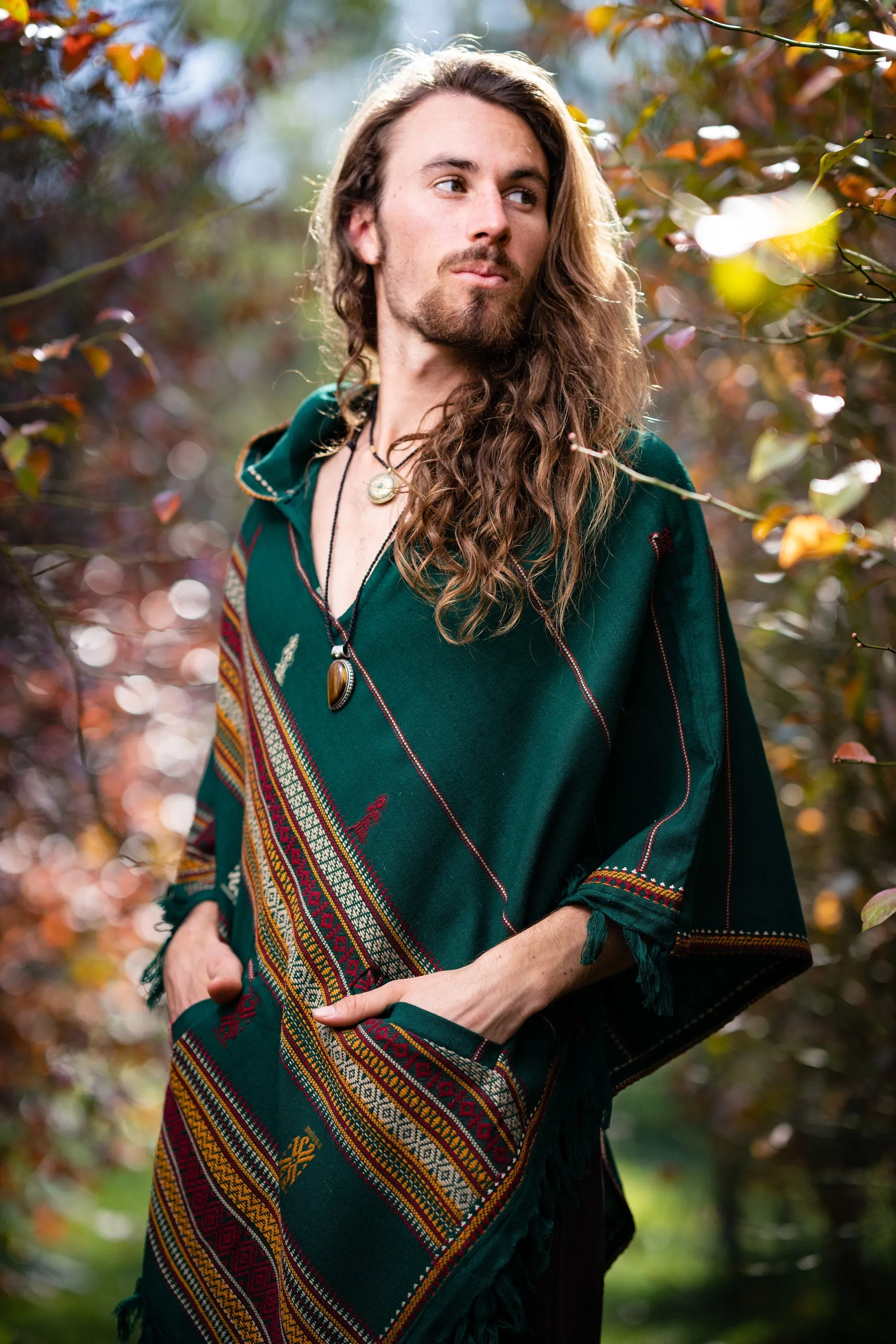 HODDI Mens Hooded Poncho Pockets Tribal Embroidery Celtic Festival Rave Mexican Primitive Large Hood AJJAYA sold by Ajjaya product image thumbnail 5