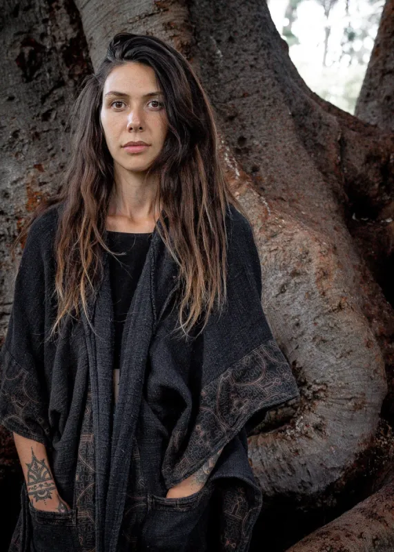 AYAWA Womens Hooded Kimono Black Cape Poncho Shipibo Sacred Patterns Ceremony Ritual Shaman Tribal Shawl Viking Festival Wrap Rave AJJAYA sold by Ajjaya