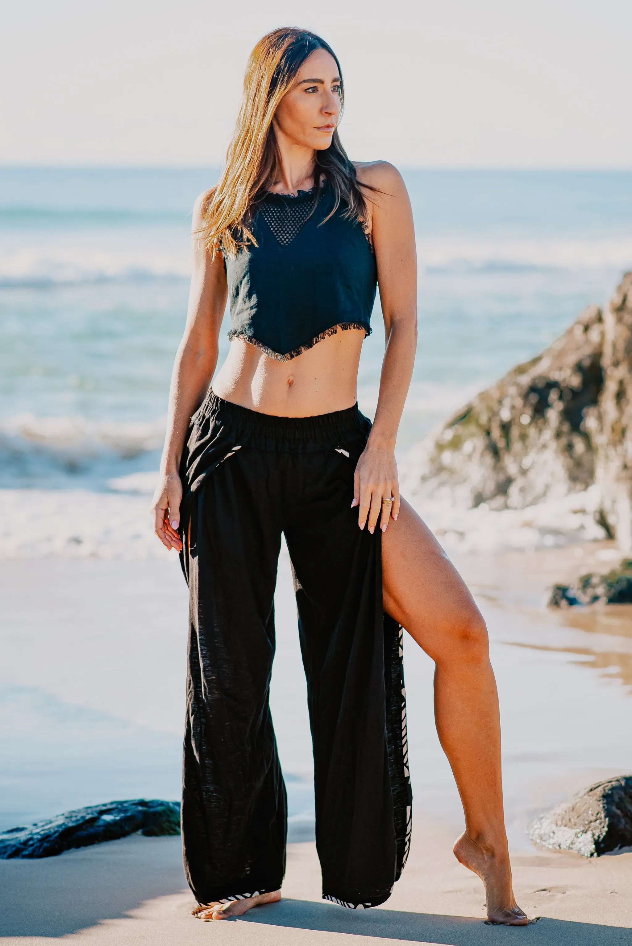 YANA Black Slit Open Womens Pants, Natural Soft Cotton Goddess Belly Dance Flow Yoga Festival Boho Ceremony Pixie Fairy Tribal AJJAYA sold by Ajjaya product image thumbnail 3