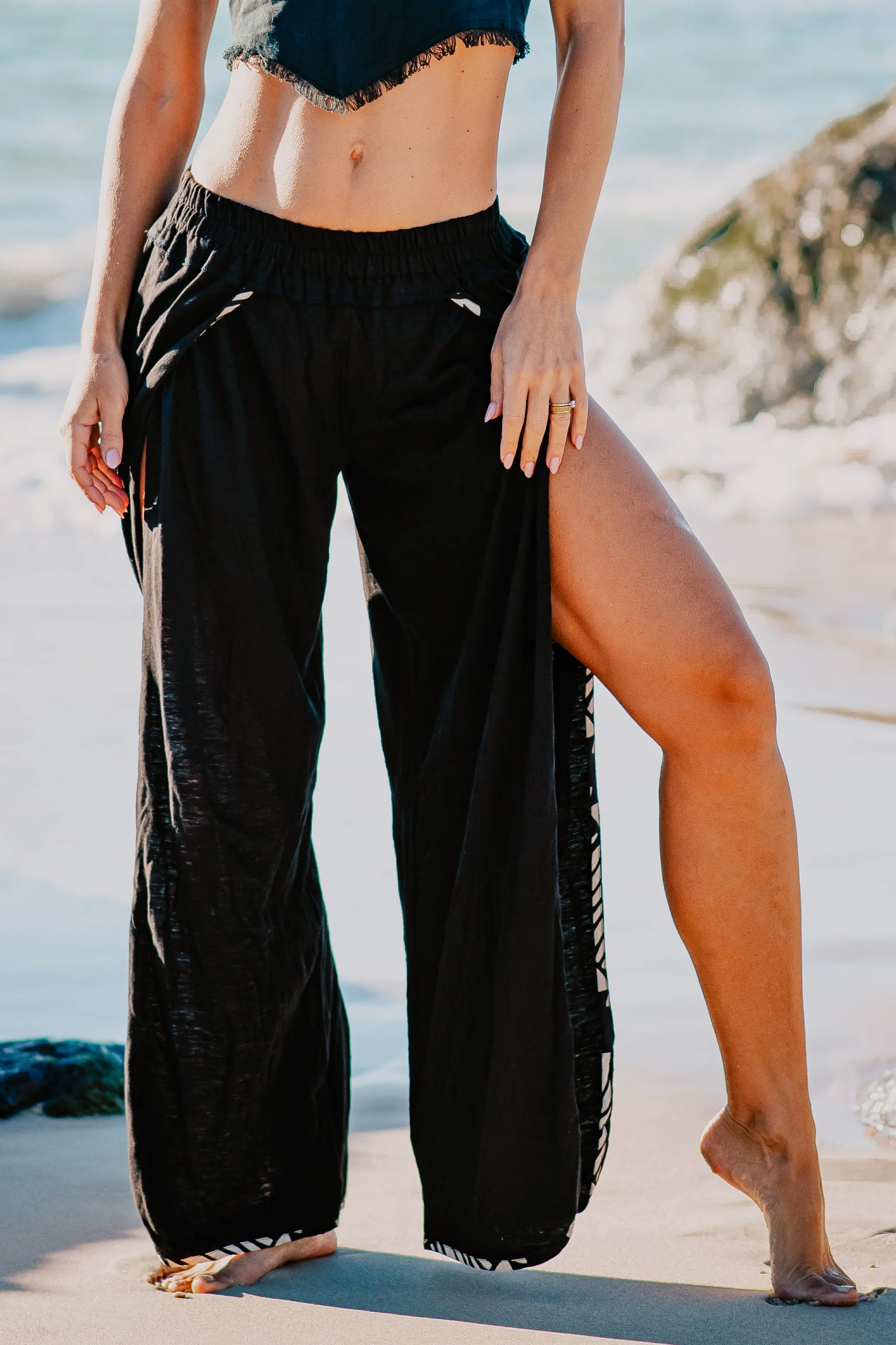 YANA Black Slit Open Womens Pants, Natural Soft Cotton Goddess Belly Dance Flow Yoga Festival Boho Ceremony Pixie Fairy Tribal AJJAYA sold by Ajjaya