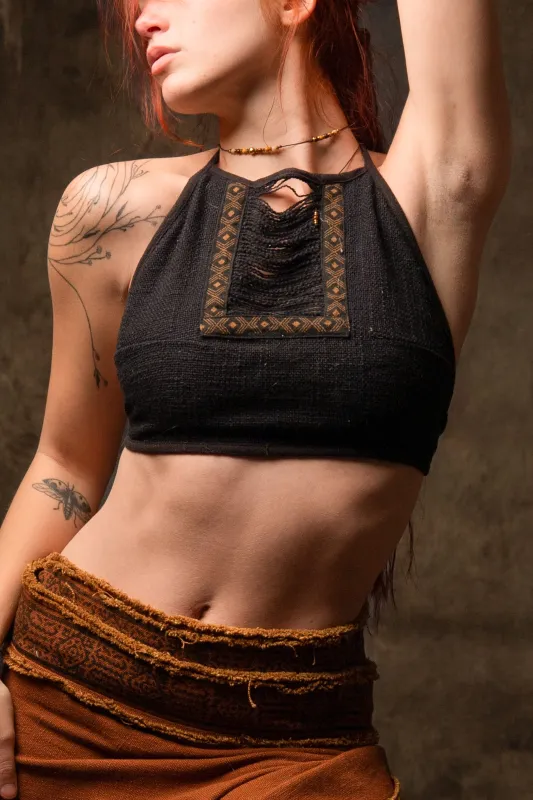 EIRINI Crop Top Yoga Black Sleeveless Natural Cotton Tank Shirt Festival Ceremony Tribal Fairy Boho AJJAYA sold by Ajjaya