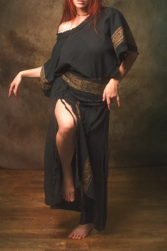 NARIAH Skirt Black Handmade Cotton Block Printed Tribal Patterns Natural Dyed Fairy Gypsy Boho Festival Ceremony Ritual AJJAYA sold by Ajjaya