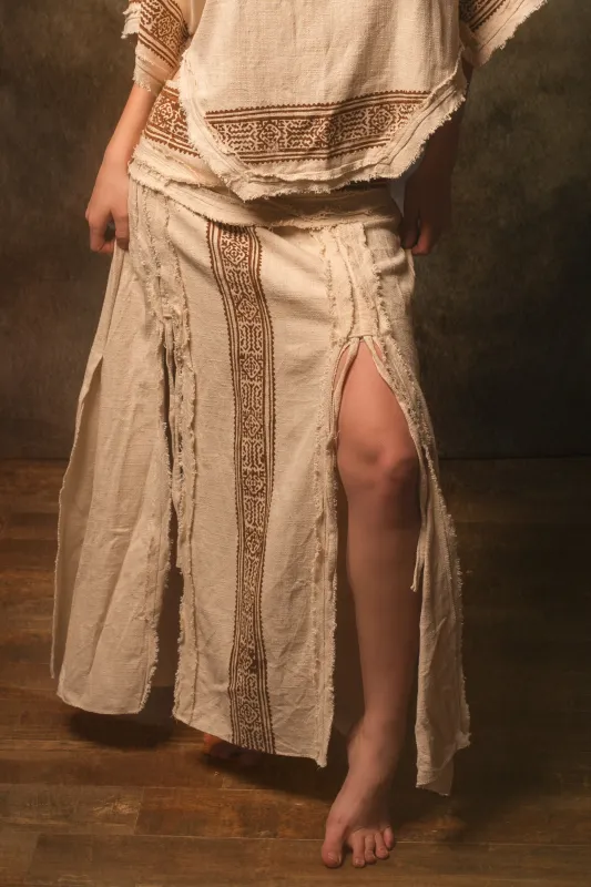 NARIAH Skirt Beige Handmade Cotton Block Printed Tribal Patterns Natural Dyed Fairy Gypsy Boho Festival Ceremony Ritual AJJAYA sold by Ajjaya