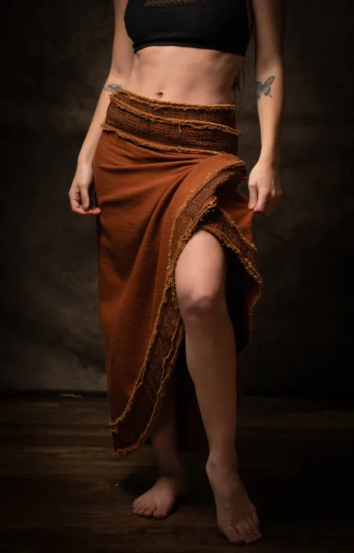 NYRA Wrap Skirt Rust Handmade Natural Cotton Block Printed Tribal Patterns Natural Dyed Fairy Gypsy Boho Festival Ceremony Ritual AJJAYA sold by Ajjaya