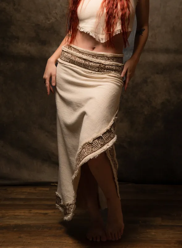 NYRA Wrap Skirt Beige Handmade Natural Cotton Block Printed Tribal Patterns Natural Dyed Fairy Gypsy Boho Festival Ceremony Ritual AJJAYA sold by Ajjaya