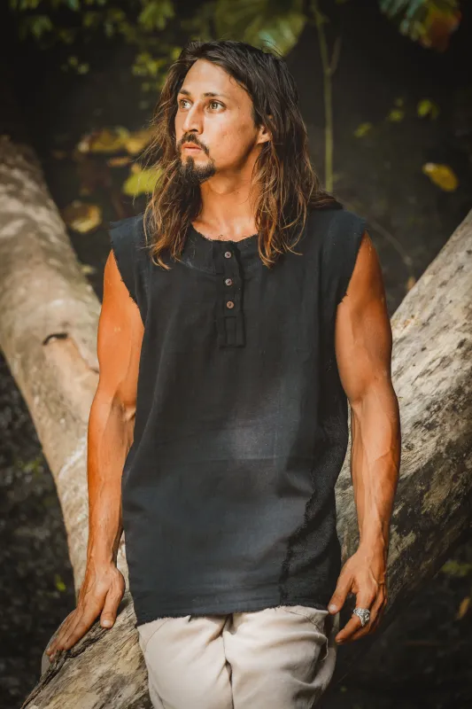 NEO Tank Top Black Mens Handmade Neo Gypsy Sleeveless Earthy Top Shirt, Tribal Jungle Natural Savage Neck Festival Rave AJJAYA Nomadic Primitive sold by Ajjaya