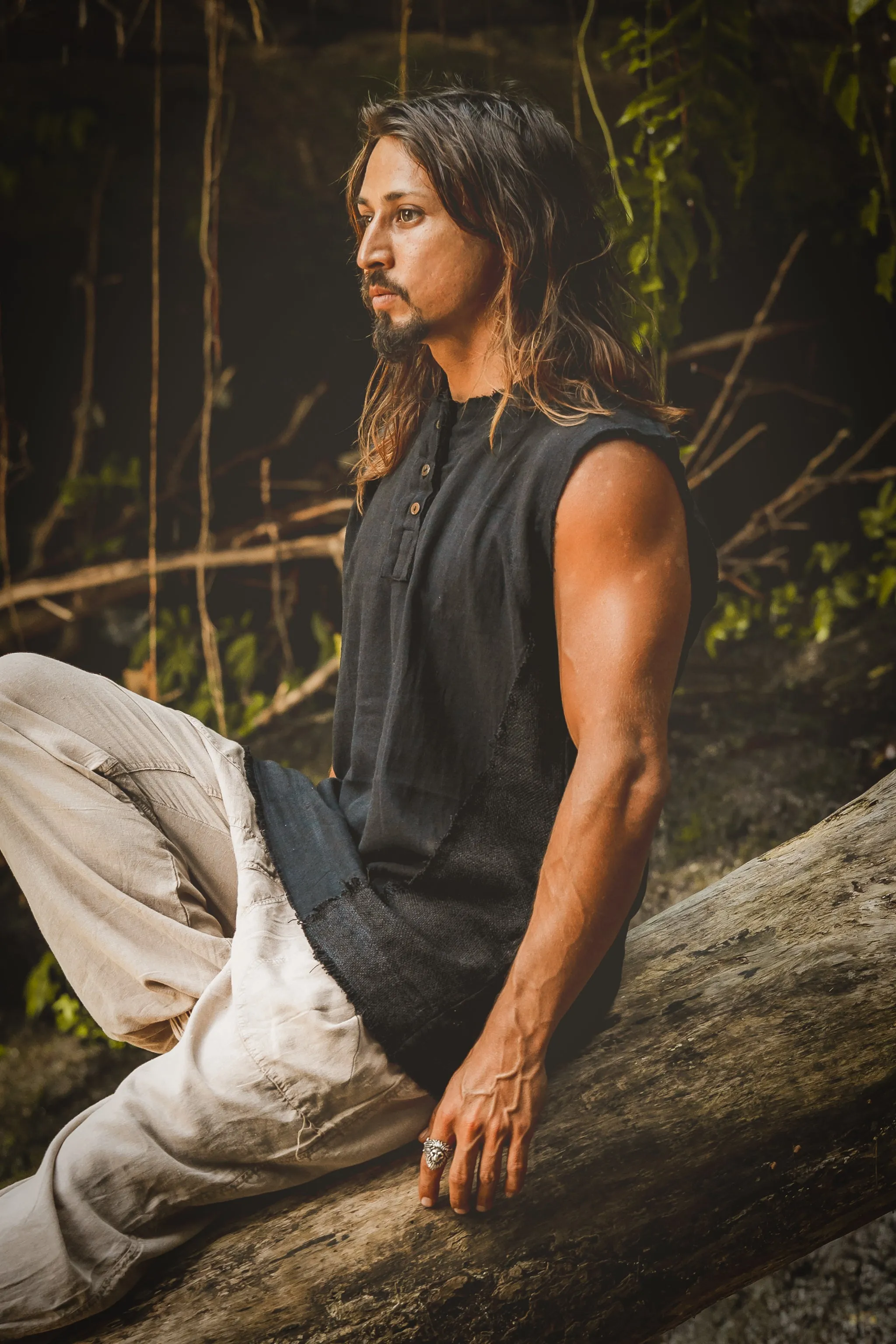 NEO Tank Top Black Mens Handmade Neo Gypsy Sleeveless Earthy Top Shirt, Tribal Jungle Natural Savage Neck Festival Rave AJJAYA Nomadic Primitive sold by Ajjaya product image thumbnail 2